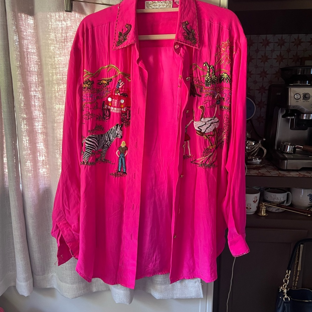 VINTAGE 100% Silk Embroidered Button-Up Shirt